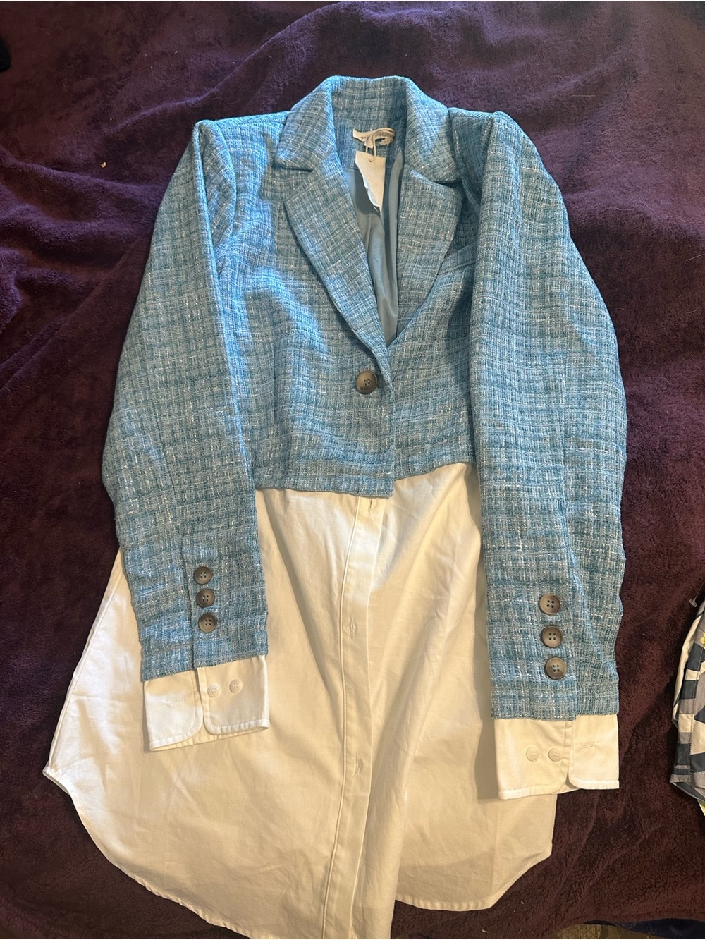 Mystree Light Blue Tweed Cropped Blazer with White Shirt Hem
